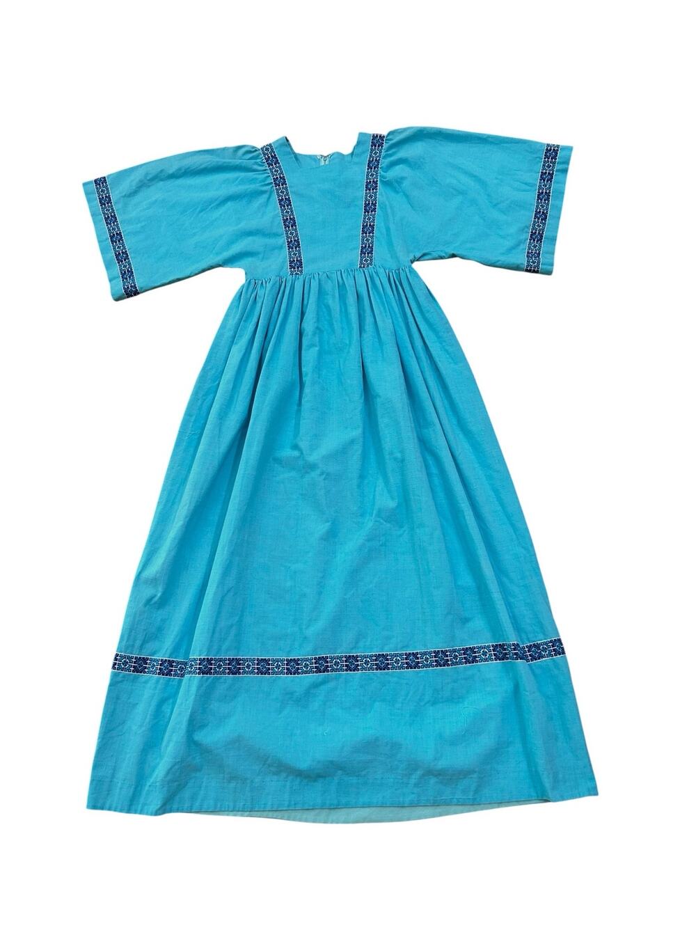 Vintage 70s Turquoise Maxi Dress Bell Sleeve Woven Trim Prairie Boho S/M -
